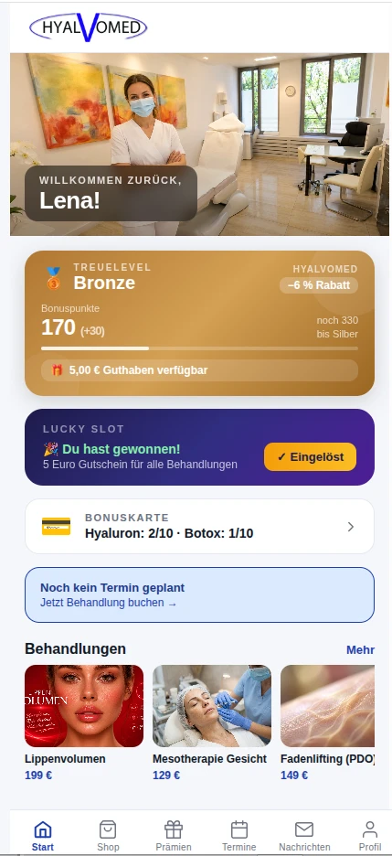 HYALVOMED App – Bonuskarte, Treuelevel und Termine